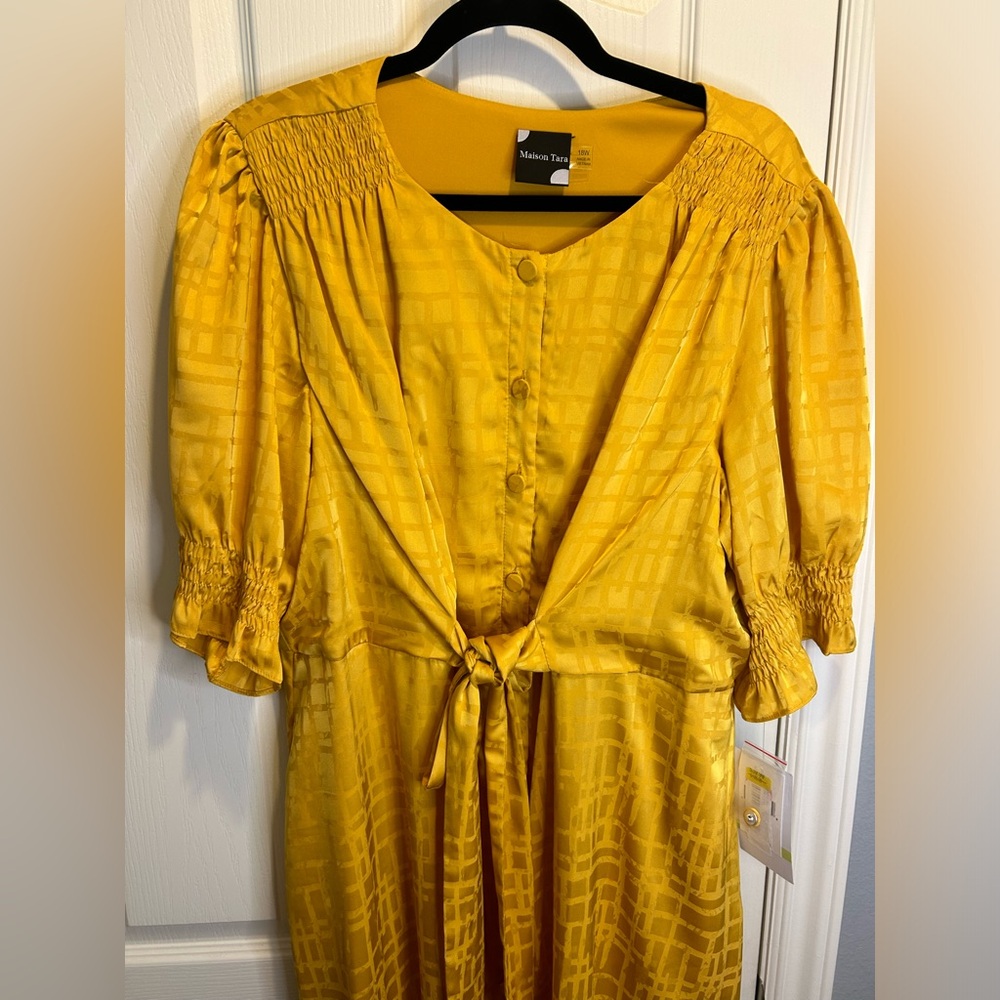 💛”Maison Tara” NWT Mustard/Gold Satin Midi Dress w/ Front Tie Detail Size 18W💛 - Picture 5 of 14